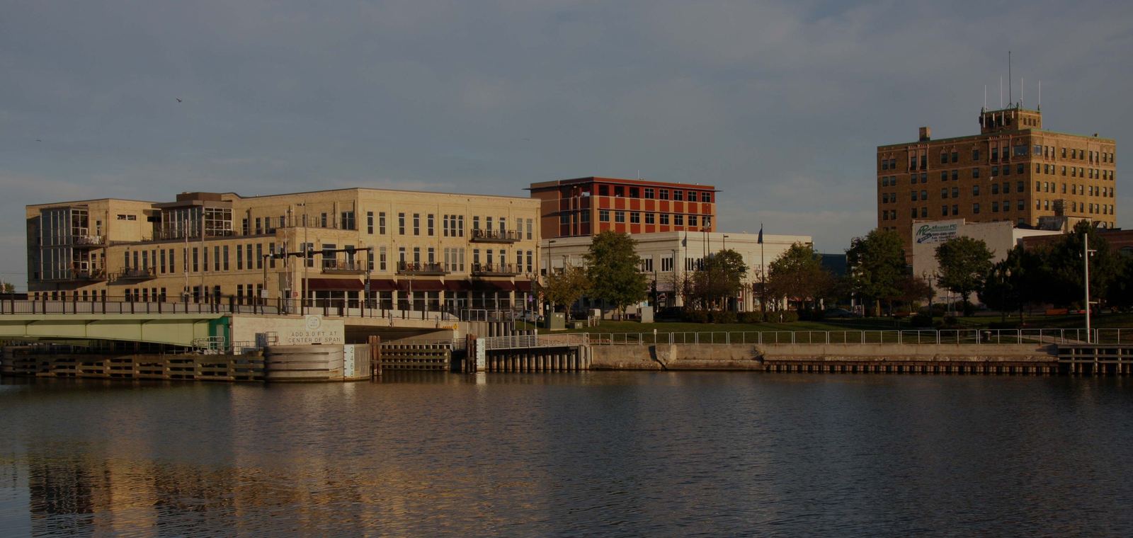 Downtown Manitowoc and the Manitowoc River at sunset